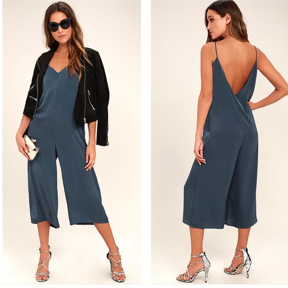 Lulus Pants - Lulu’s Elisa brushes satin navy shapeless jumpsuit